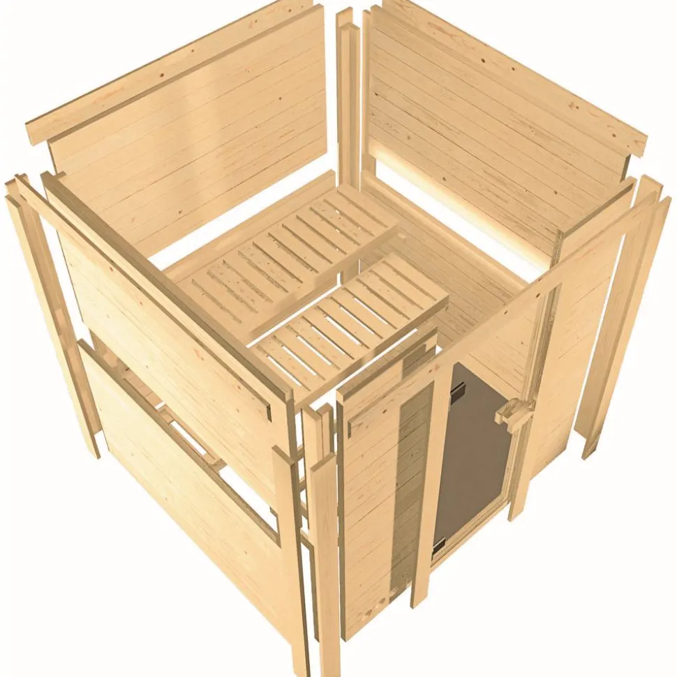 Massivholzsauna 'Ricarda' naturbelassen mit bronzierter Tür 9 kW Ofen externe Steuerung Easy 236 x 184 x 209 cm