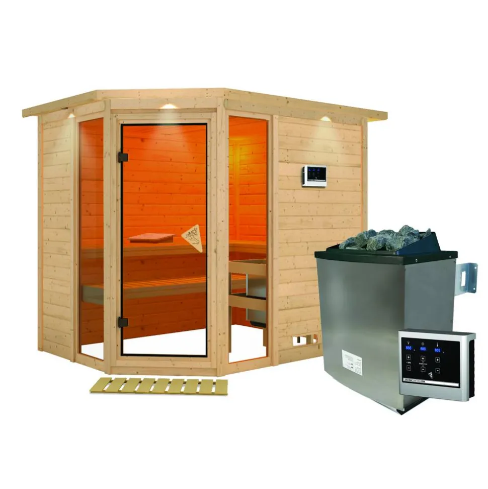 Massivholzsauna 'Sinai 3' mit Ofen und Dachkranz natur 264 x 212 x 198 cm, 9 kW