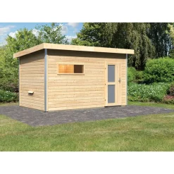 Massivholzsauna 'Skrollan 3' mit Vorraum natur 396 x 227 x 231 cm, 9 kW