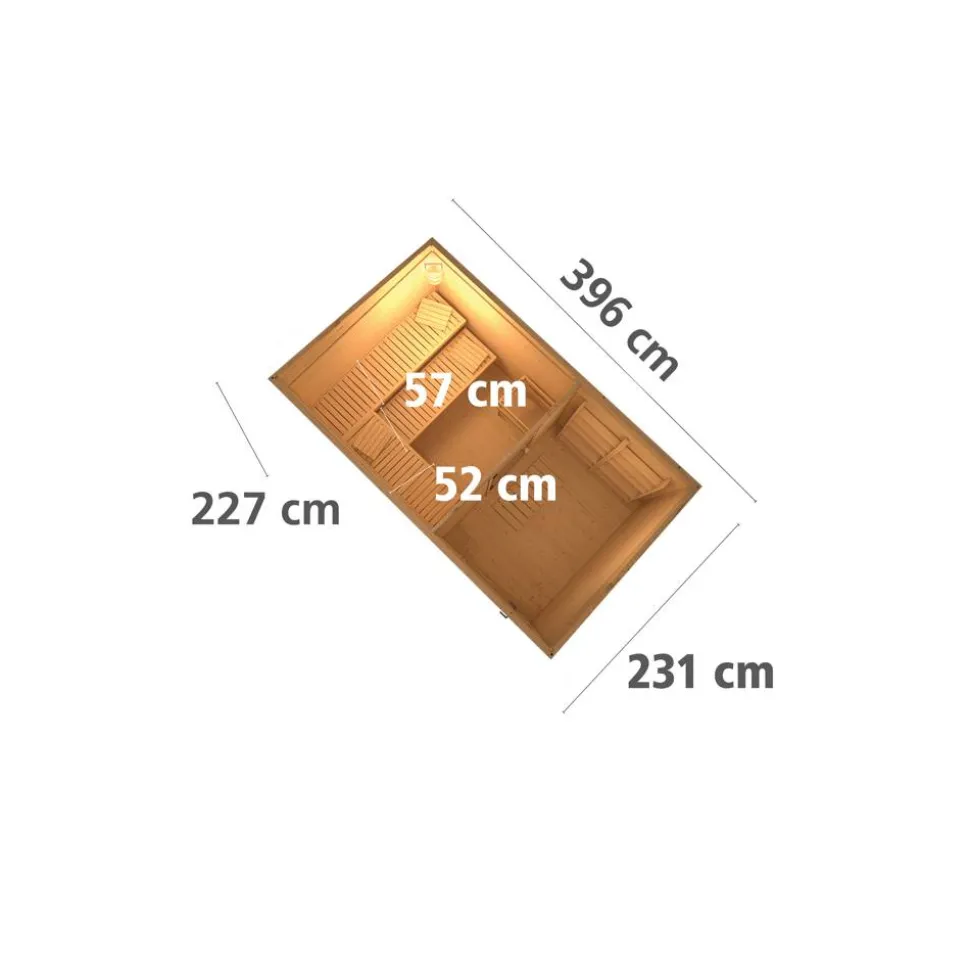 Massivholzsauna 'Skrollan 3' mit Vorraum und Ofen natur 396 x 227 x 231 cm, 9 kW