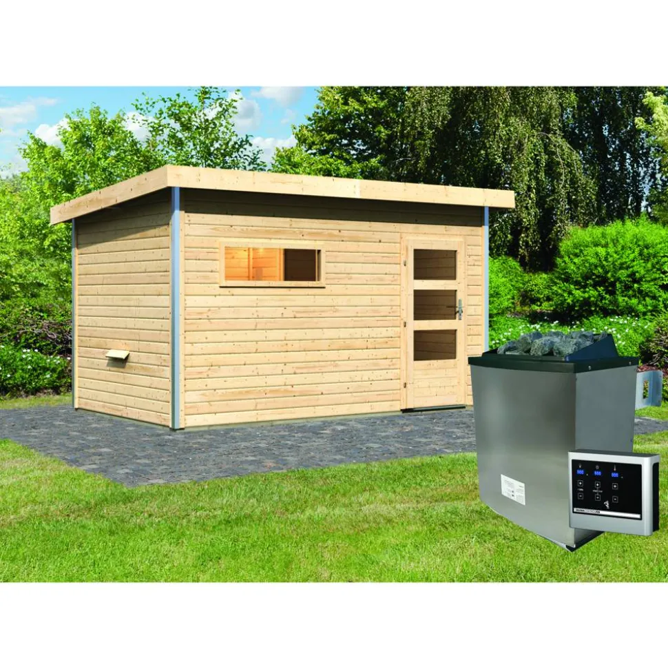 Massivholzsauna 'Skrollan 3' mit Vorraum und Ofen natur 396 x 227 x 231 cm, 9 kW