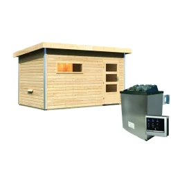 Massivholzsauna 'Skrollan 3' mit Vorraum und Ofen natur 396 x 227 x 231 cm, 9 kW