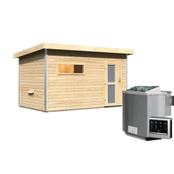 Massivholzsauna 'Skrollan 3' mit Vorraum und Bio-Ofen natur 396 x 227 x 231 cm, 9 kW