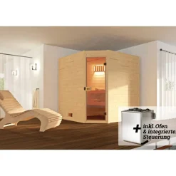 Massivholz-Sauna 'Valida 3 Eck' mit 9 kW K-Ofenset, integrierter Steuerung, Glastür 187 x 187 x 203,5 cm
