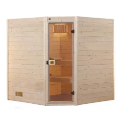 Massivholz-Sauna 'Valida 3 Eck' mit 9 kW K-Ofenset, integrierter Steuerung, Glastür 187 x 187 x 203,5 cm