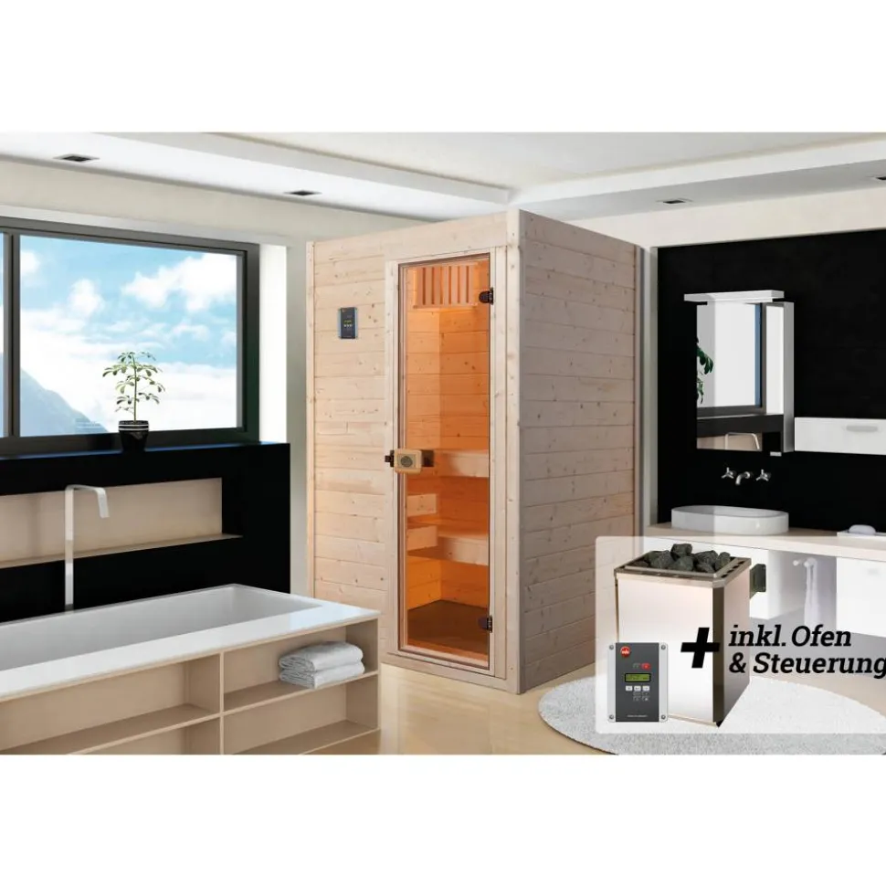 Massivholz-Sauna 'Valida 1' mit 4,5 kW OS-Ofenset, Steuerung, Glastür 137 x 137 x 203,5 cm