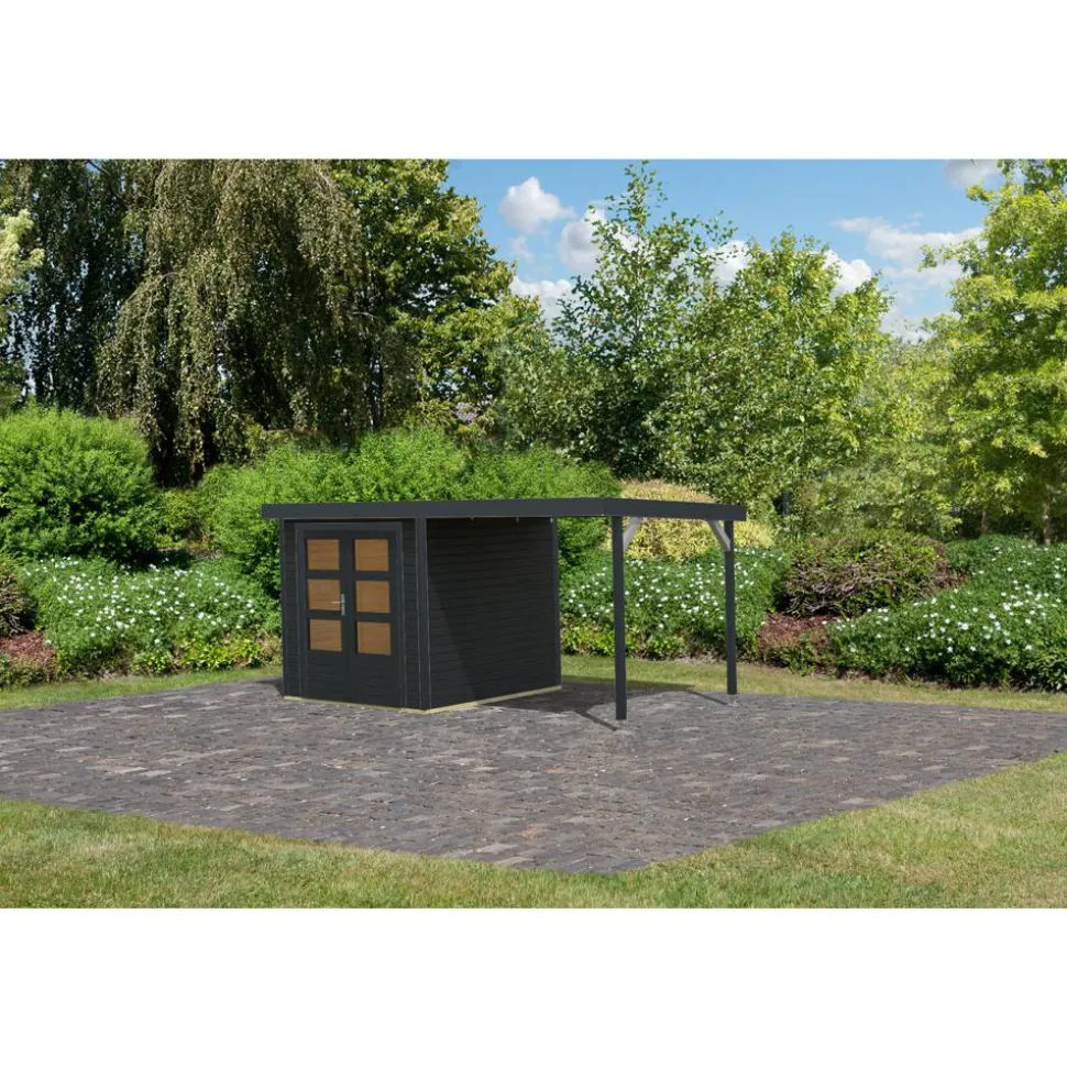 Metall-Holzgartenhaus 'Komet C' anthrazit, Anbaudach, Doppelflügeltür 453 x 235 x 208,5 cm