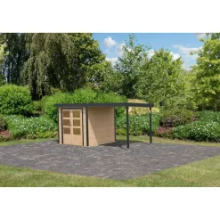 Metall-Holzgartenhaus 'Komet A' naturbelassen/anthrazit, Anbaudach, Doppelflügeltür 453 x 235 x 208,5 cm