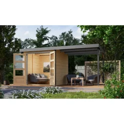 Metall-Holzgartenhaus-Set 'Komet 2 A' Fichtenholz naturbelassen Metall graualuminium 438 x 208,5 x 213 cm
