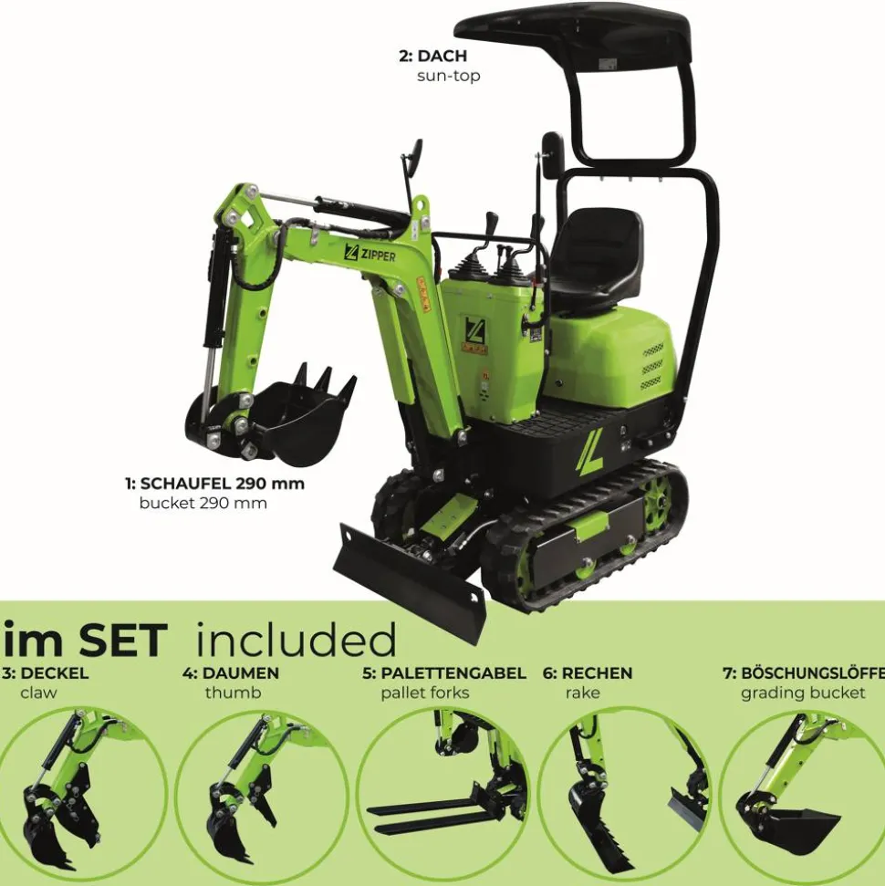 Mini-Bagger-Set 'ZI-MBG600S7' 6,8 kW