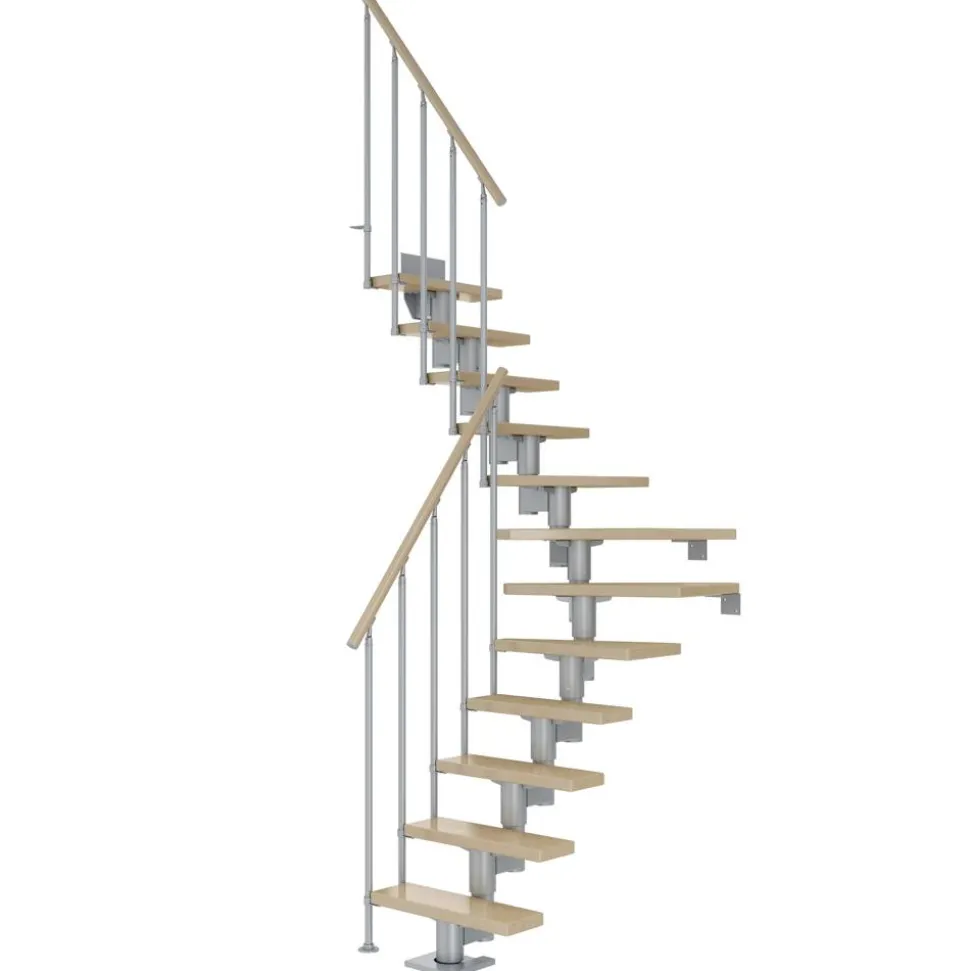 Mittelholmtreppe 'Dublin' ahornfarbend/perlgrau 1/4 gewendelt, Einzelstabgeländer 12 Stufen