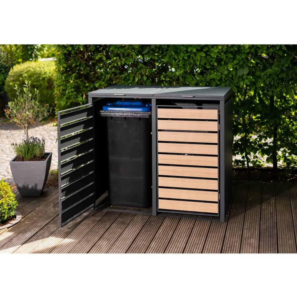 Mülltonnenbox 'Lacina' Holzoptik/anthrazit Stahl 80 x 132 x 116 cm