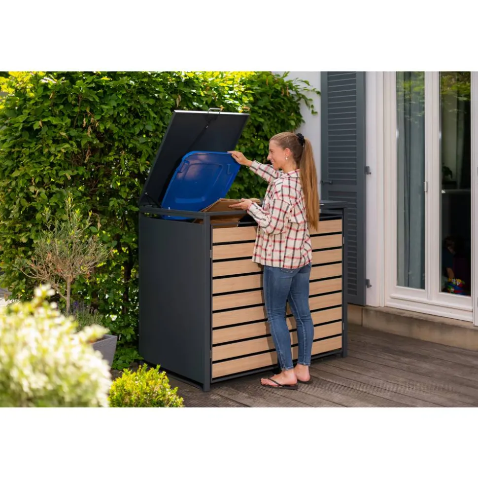 Mülltonnenbox 'Lacina' Holzoptik/anthrazit Stahl 80 x 132 x 116 cm
