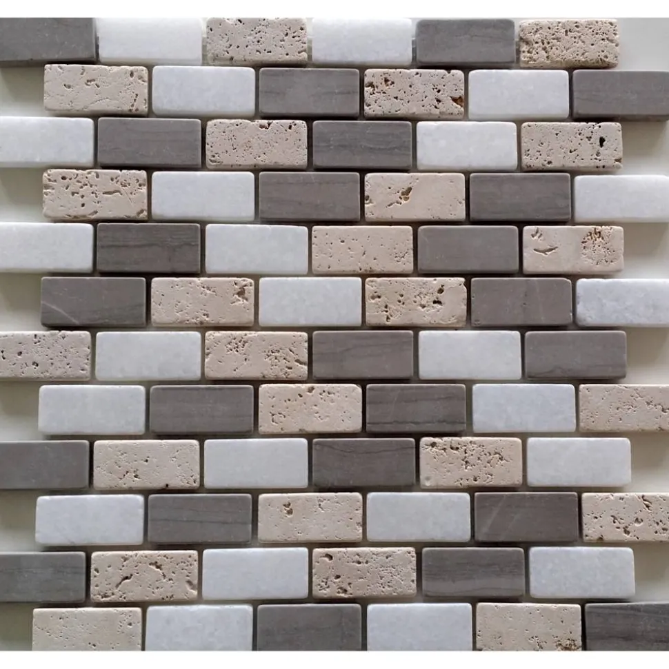 Mosaikfliese 'Athens' Naturstein beige grau brick 30 x 30 cm