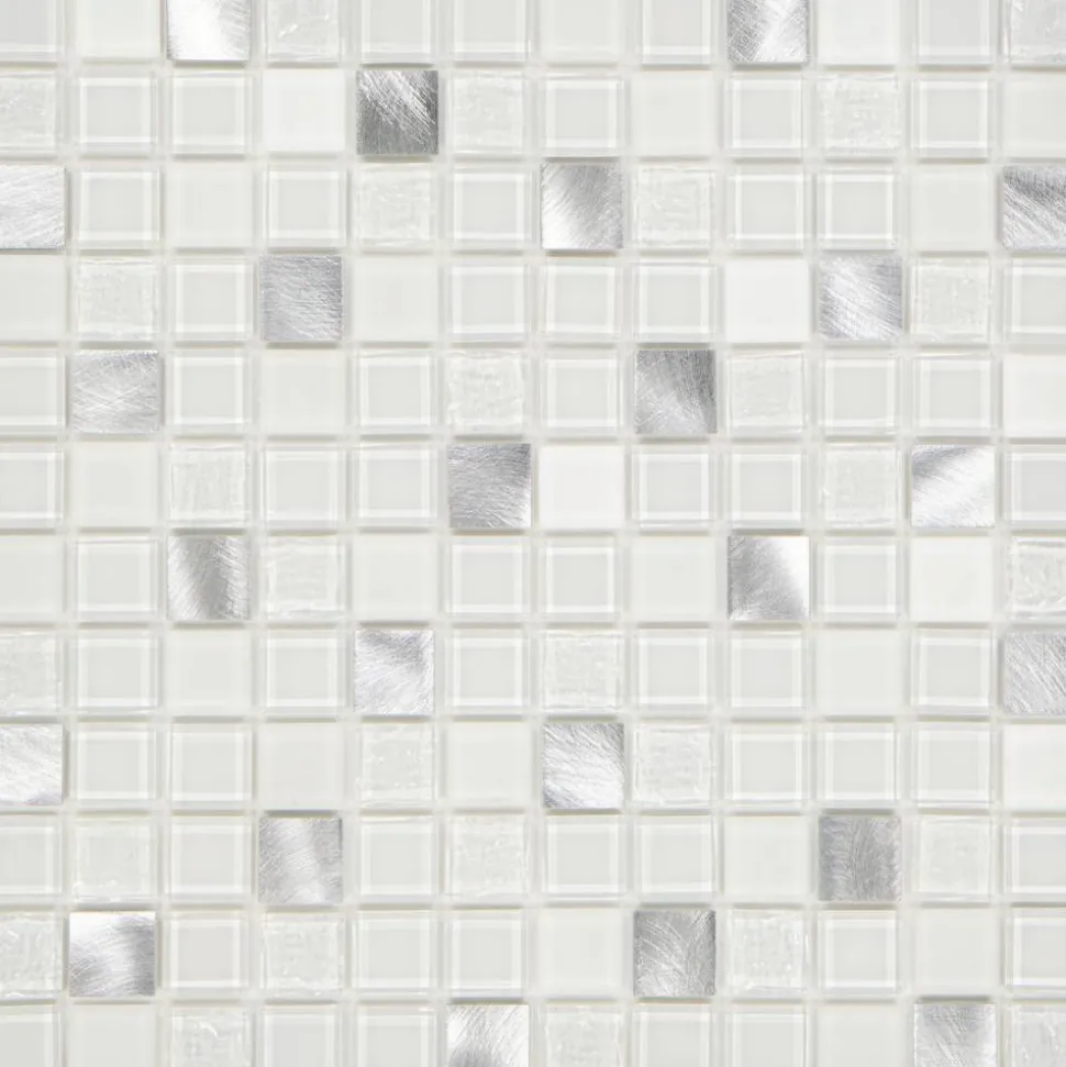 Mosaikfliese 'Easyglue' selbstklebend Glas aluminiumfarben/weiß 30 x 30 cm