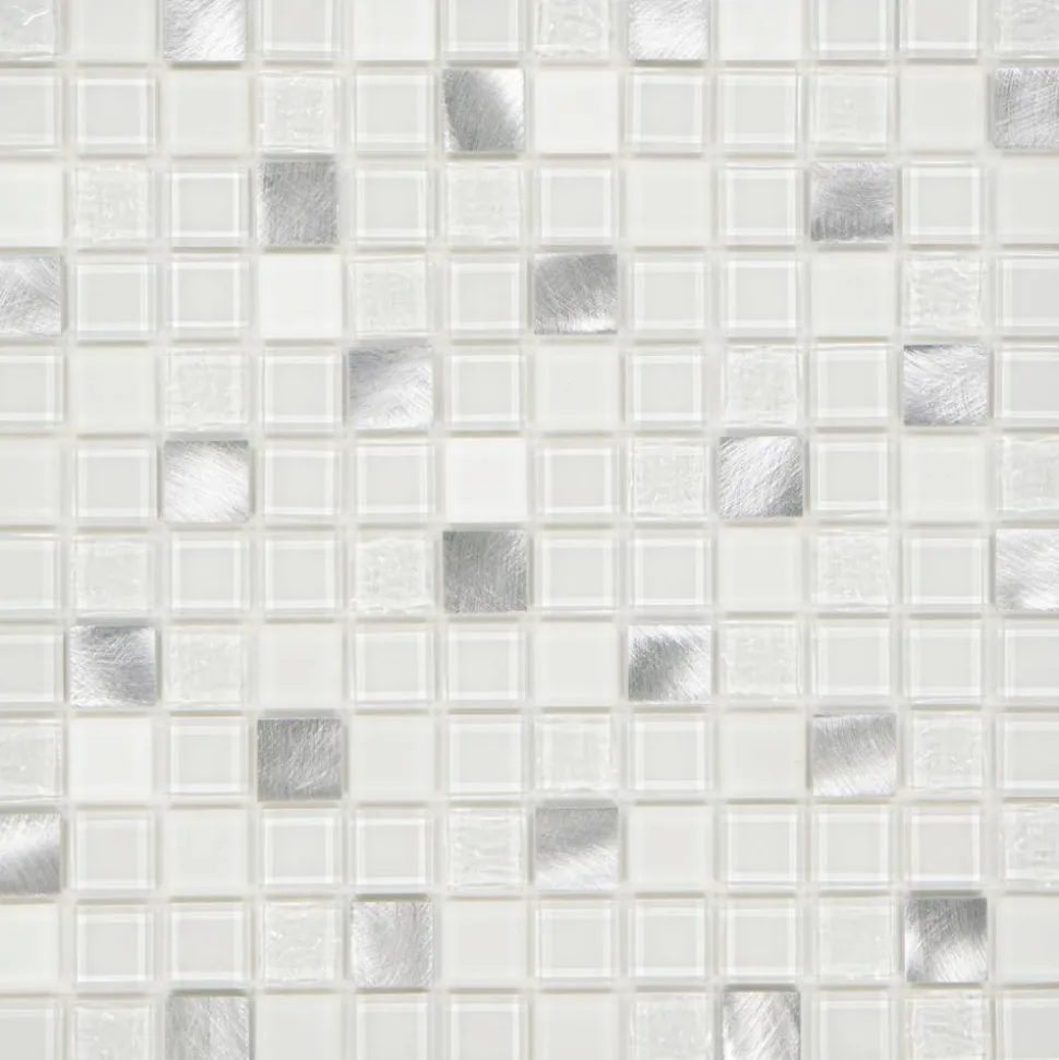 Mosaikfliese 'Easyglue' selbstklebend Glas aluminiumfarben/weiß 30 x 30 cm
