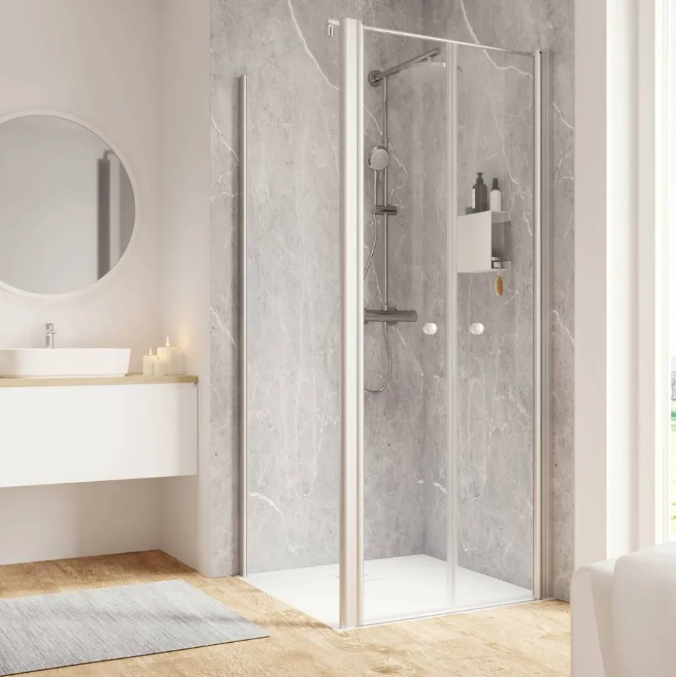 Pendeltür mit Seitenwand 'Garant 2.0' Alu-Naturfarben für Duschwanneneinbaumaß 875 - 900 / 880 - 900 mm