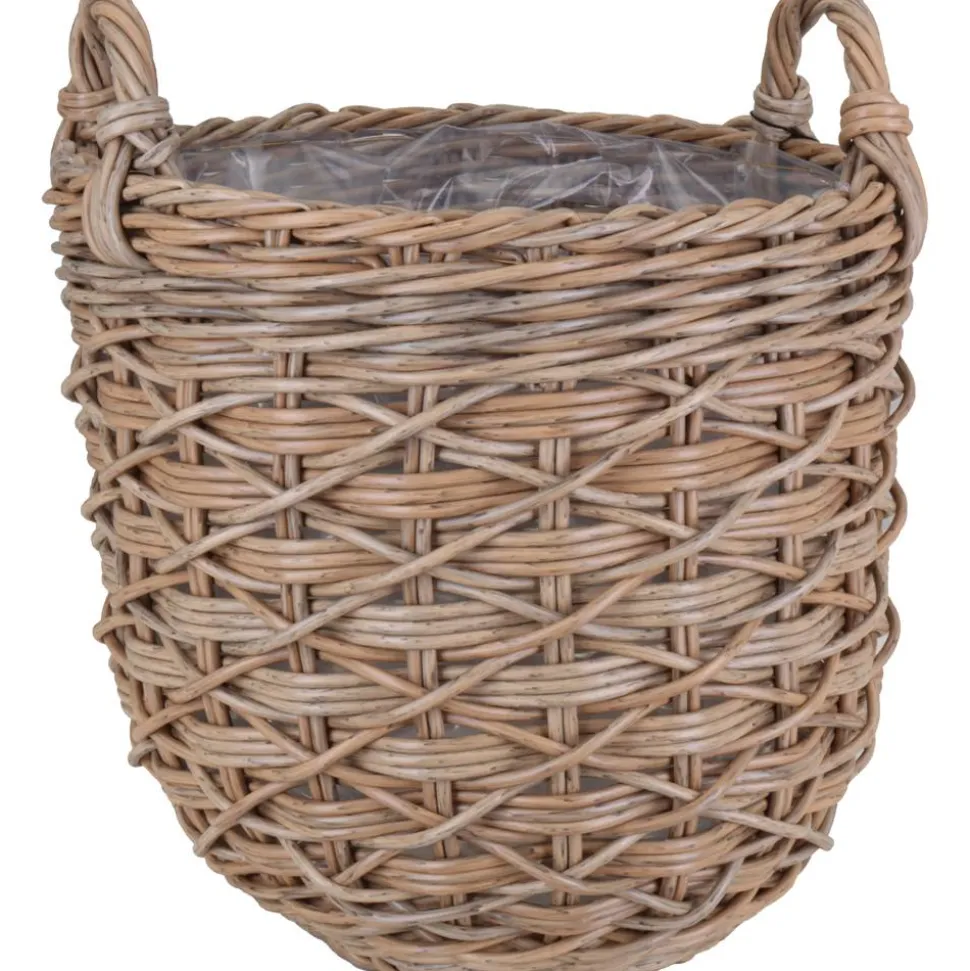 Pflanzkorb Polyrattan braun-mix rund mit 2 Griffen Ø 31 x 28/36 cm, mit Polybeutel