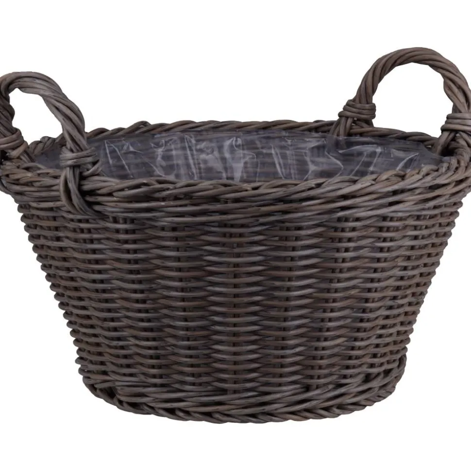 Pflanzkorb Polyrattan grau/braun rund mit 2 Griffen Ø 34 x 16 cm, mit Polybeutel