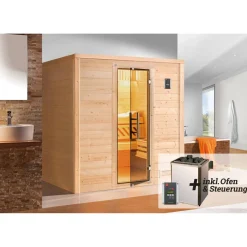 Premium-Massivholzsauna 'Bergen 1' mit 7,5 kW OS-Ofenset, Steuerung, Glastür 188 x 138 x 205 cm