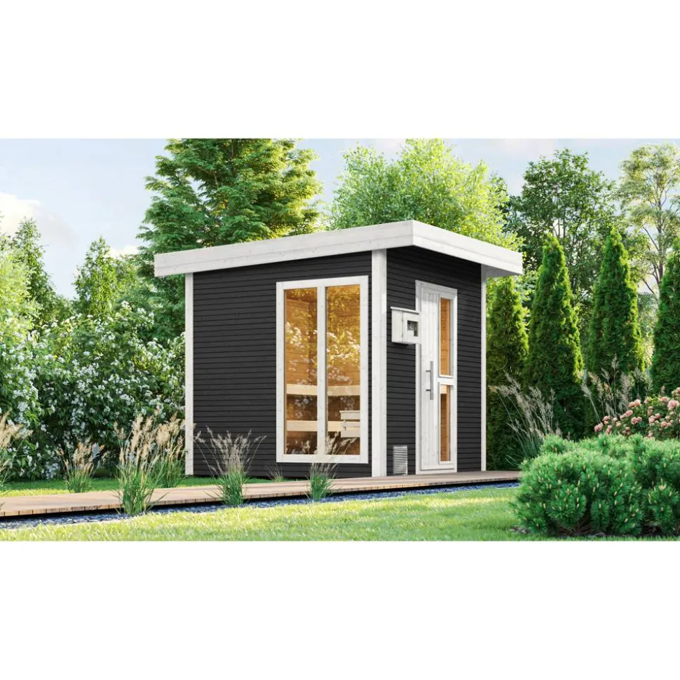 Premium-Saunahaus 'Kuopio 1' anthrazit 9,0 kW BioS-Ofen Steuerung Holztür Fenster 263 x 298 x 253 cm