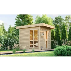 Premium-Saunahaus 'Kuopio 1' natur 9,0 kW BioS-Ofen Steuerung Holztür Fenster 263 x 298 x 253 cm