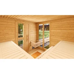 Premium-Saunahaus 'Kuopio 1' natur 9,0 kW BioS-Ofen Steuerung Holztür Fenster 263 x 298 x 253 cm