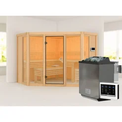 Sauna 'Aurelia 2' naturbelassen mit bronzierter Tür 9 kW Bio-Ofen mit externe Steuerung 231 x 231 x 198 cm