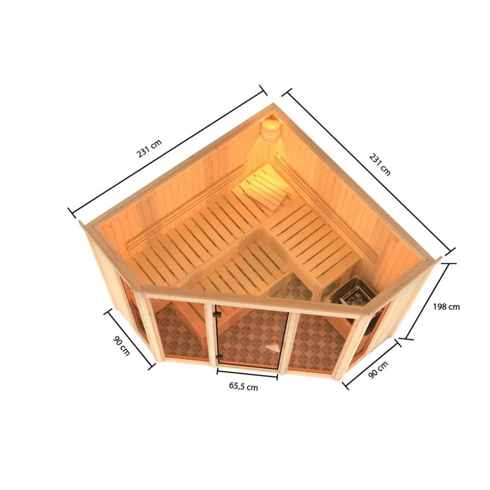 Sauna 'Aurelia 2' naturbelassen mit bronzierter Tür 9 kW Bio-Ofen mit externe Steuerung 231 x 231 x 198 cm
