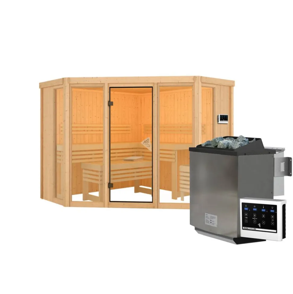 Sauna 'Aurelia 2' naturbelassen mit bronzierter Tür 9 kW Bio-Ofen mit externe Steuerung 231 x 231 x 198 cm