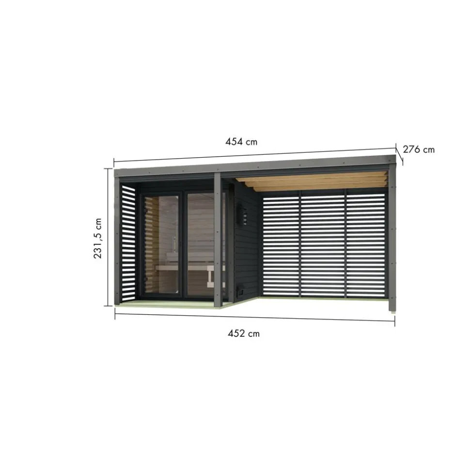 Saunahaus 'Aressa 1' anthrazit / graualuminium mit Anbaudach, Ofen 9 kW Bio externe Steuerung 452 x 231,5 x 276 cm
