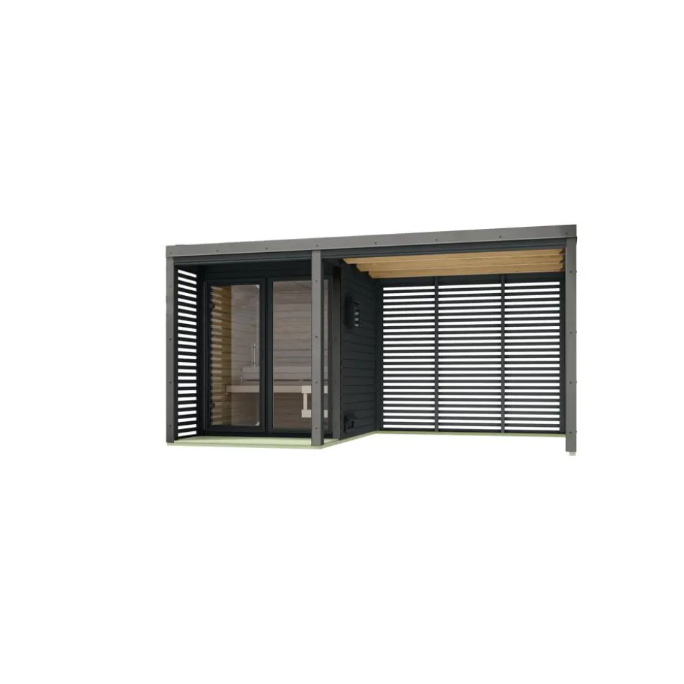 Saunahaus 'Aressa 1' anthrazit / graualuminium mit Anbaudach, Ofen 9 kW Bio externe Steuerung 452 x 231,5 x 276 cm