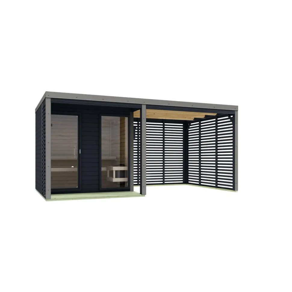 Saunahaus 'Aressa 2' anthrazit / graualuminium mit Anbaudach, Ofen 9 kW externe Steuerung 492 x 231,5 x 276 cm