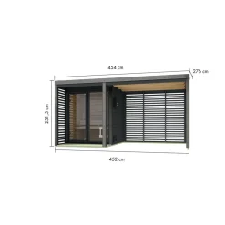Saunahaus 'Aressa 1' anthrazit / graualuminium mit Anbaudach, Ofen 9 kW externe Steuerung 452 x 231,5 x 276 cm