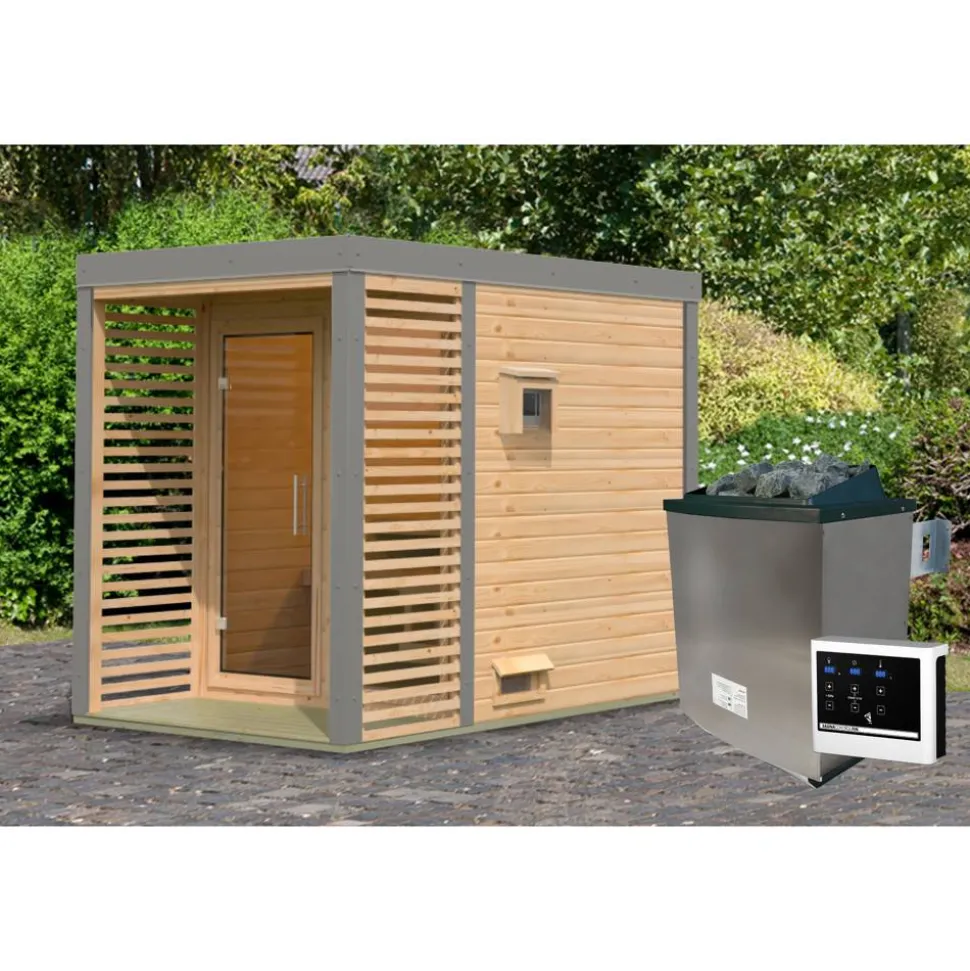 Saunahaus 'Aressa 1' naturbelassen / graualuminium Ofen 9 kW externe Steuerung 191 x 231,5 x 276 cm