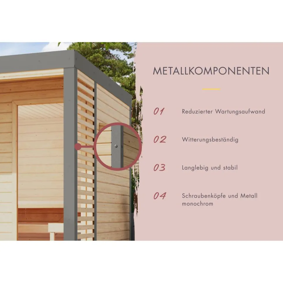 Saunahaus 'Aressa 3' naturbelassen / graualuminium mit Anbaudach, Ofen 9 kW externe Steuerung 537,5 x 231,5 x 276 cm