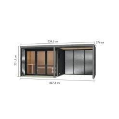 Saunahaus 'Aressa 3' naturbelassen / graualuminium mit Anbaudach, Ofen 9 kW externe Steuerung 537,5 x 231,5 x 276 cm