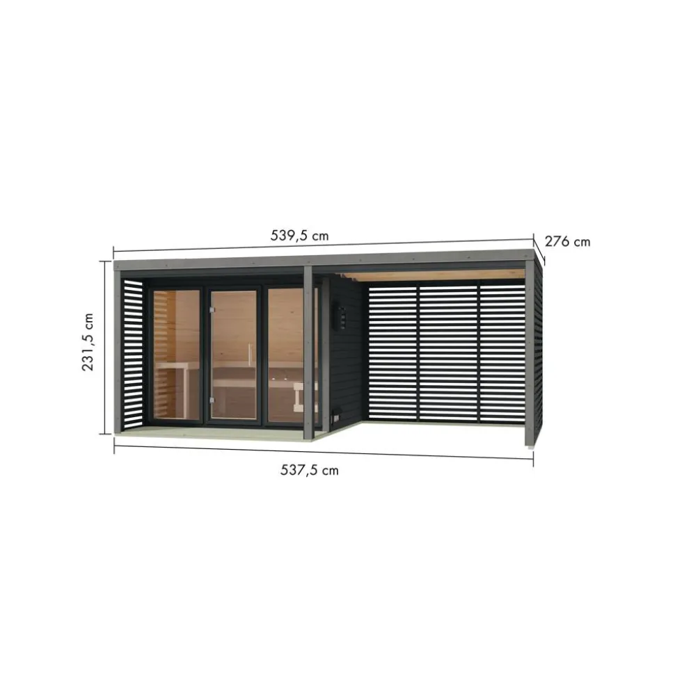 Saunahaus 'Aressa 3' naturbelassen / graualuminium mit Anbaudach, Ofen 9 kW externe Steuerung 537,5 x 231,5 x 276 cm
