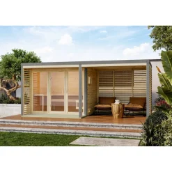 Saunahaus 'Aressa 3' naturbelassen / graualuminium mit Anbaudach, Ofen 9 kW externe Steuerung 537,5 x 231,5 x 276 cm