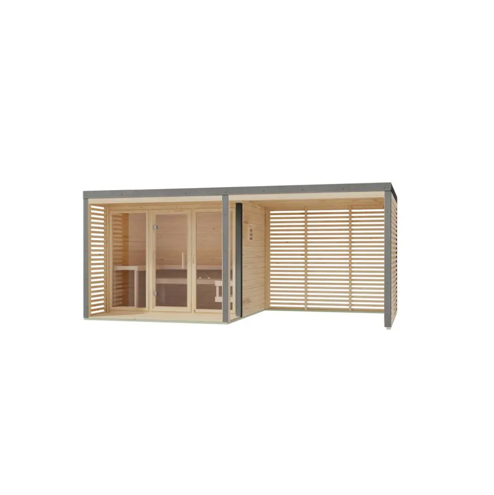 Saunahaus 'Aressa 3' naturbelassen / graualuminium mit Anbaudach, Ofen 9 kW externe Steuerung 537,5 x 231,5 x 276 cm