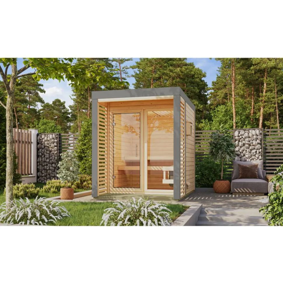 Saunahaus 'Aressa 1' naturbelassen / graualuminium Ofen 9 kW Bio externe Steuerung 191 x 231,5 x 276 cm