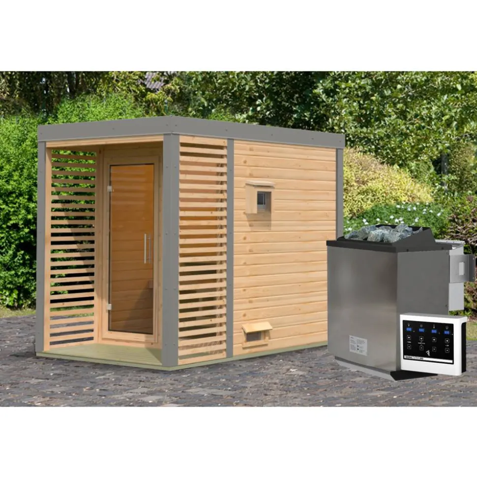 Saunahaus 'Aressa 1' naturbelassen / graualuminium Ofen 9 kW Bio externe Steuerung 191 x 231,5 x 276 cm