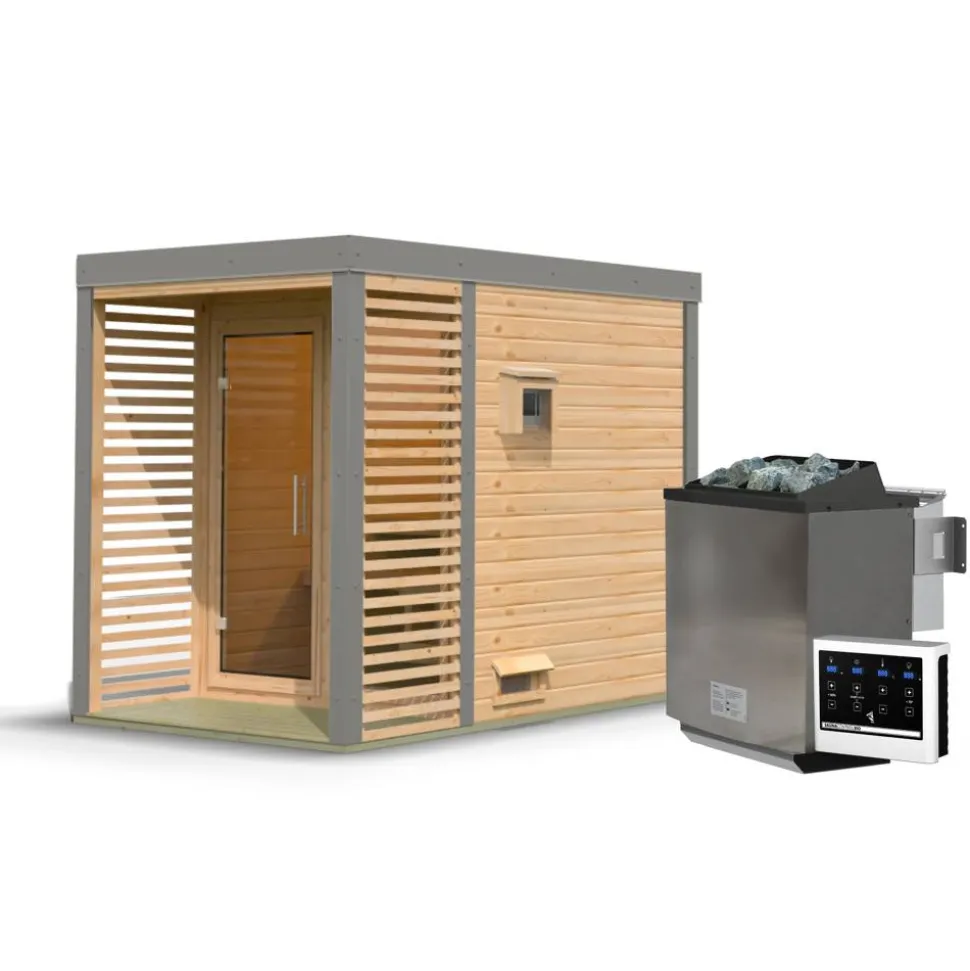 Saunahaus 'Aressa 1' naturbelassen / graualuminium Ofen 9 kW Bio externe Steuerung 191 x 231,5 x 276 cm