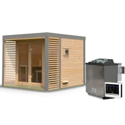 Saunahaus 'Aressa 3' naturbelassen / graualuminium Ofen 9 kW Bio externe Steuerung 276 x 231,5 x 276 cm