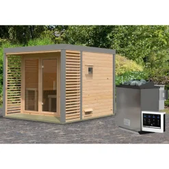 Saunahaus 'Aressa 3' naturbelassen / graualuminium Ofen 9 kW Bio externe Steuerung 276 x 231,5 x 276 cm