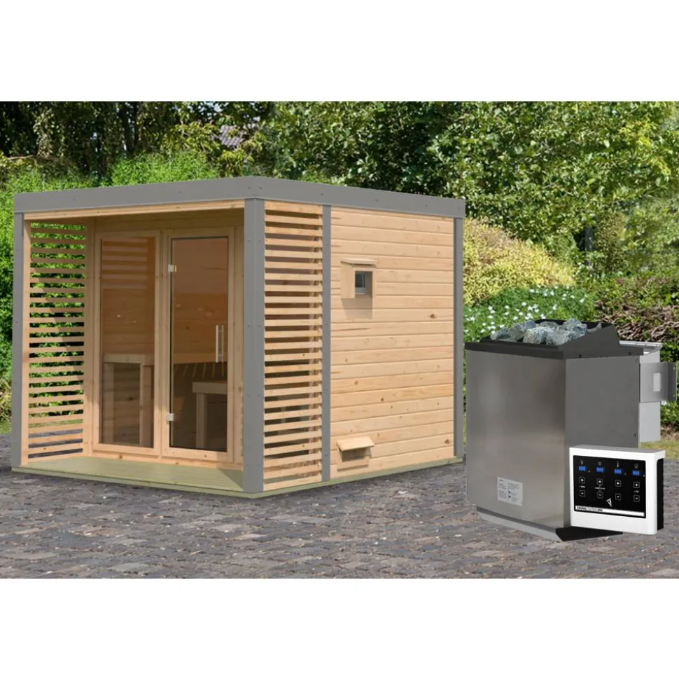 Saunahaus 'Aressa 3' naturbelassen / graualuminium Ofen 9 kW Bio externe Steuerung 276 x 231,5 x 276 cm