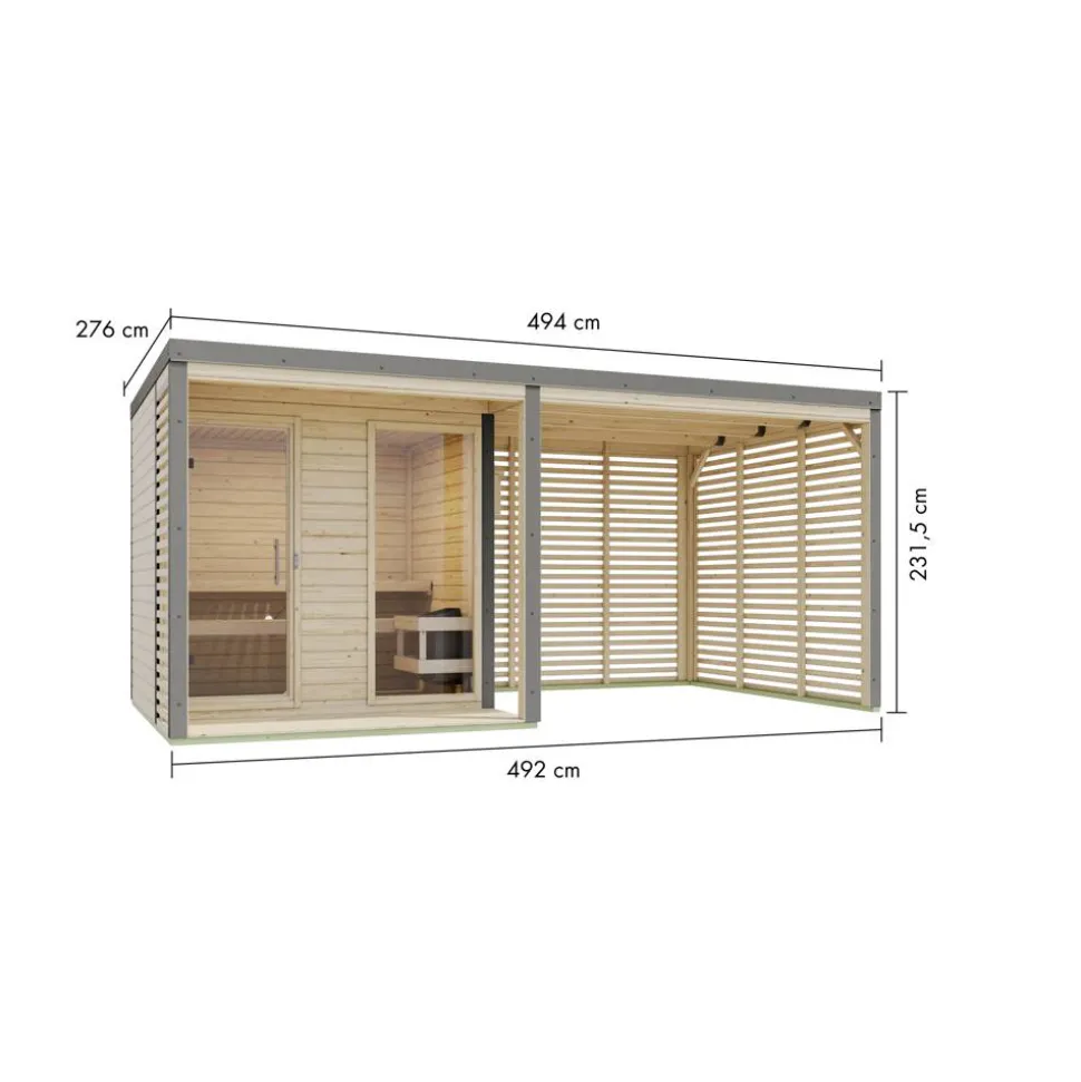 Saunahaus 'Aressa 2' naturbelassen / graualuminium mit Anbaudach, Ofen 9 kW Bio externe Steuerung 492 x 231,5 x 276 cm