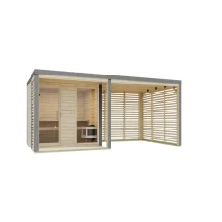 Saunahaus 'Aressa 2' naturbelassen / graualuminium mit Anbaudach, Ofen 9 kW Bio externe Steuerung 492 x 231,5 x 276 cm