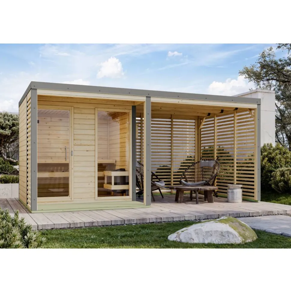 Saunahaus 'Aressa 2' naturbelassen / graualuminium Ofen 9 kW Bio externe Steuerung 231 x 231,5 x 276 cm