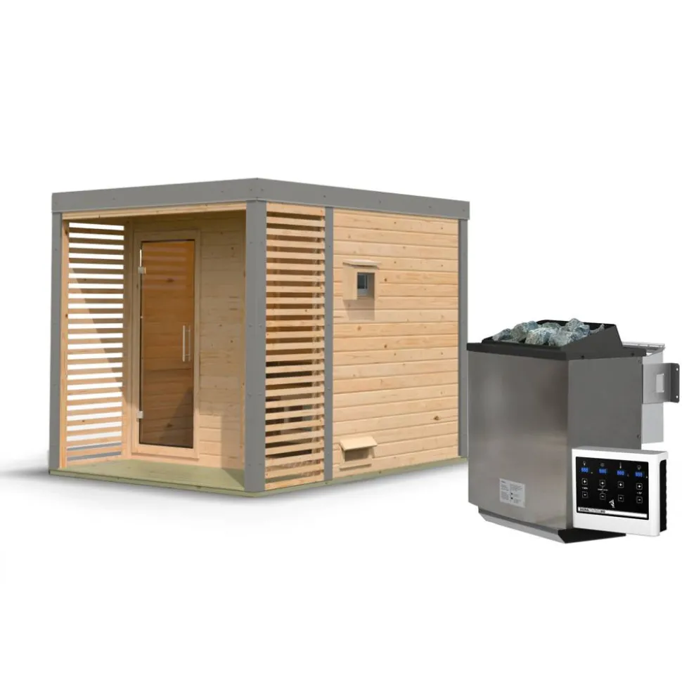 Saunahaus 'Aressa 2' naturbelassen / graualuminium Ofen 9 kW Bio externe Steuerung 231 x 231,5 x 276 cm